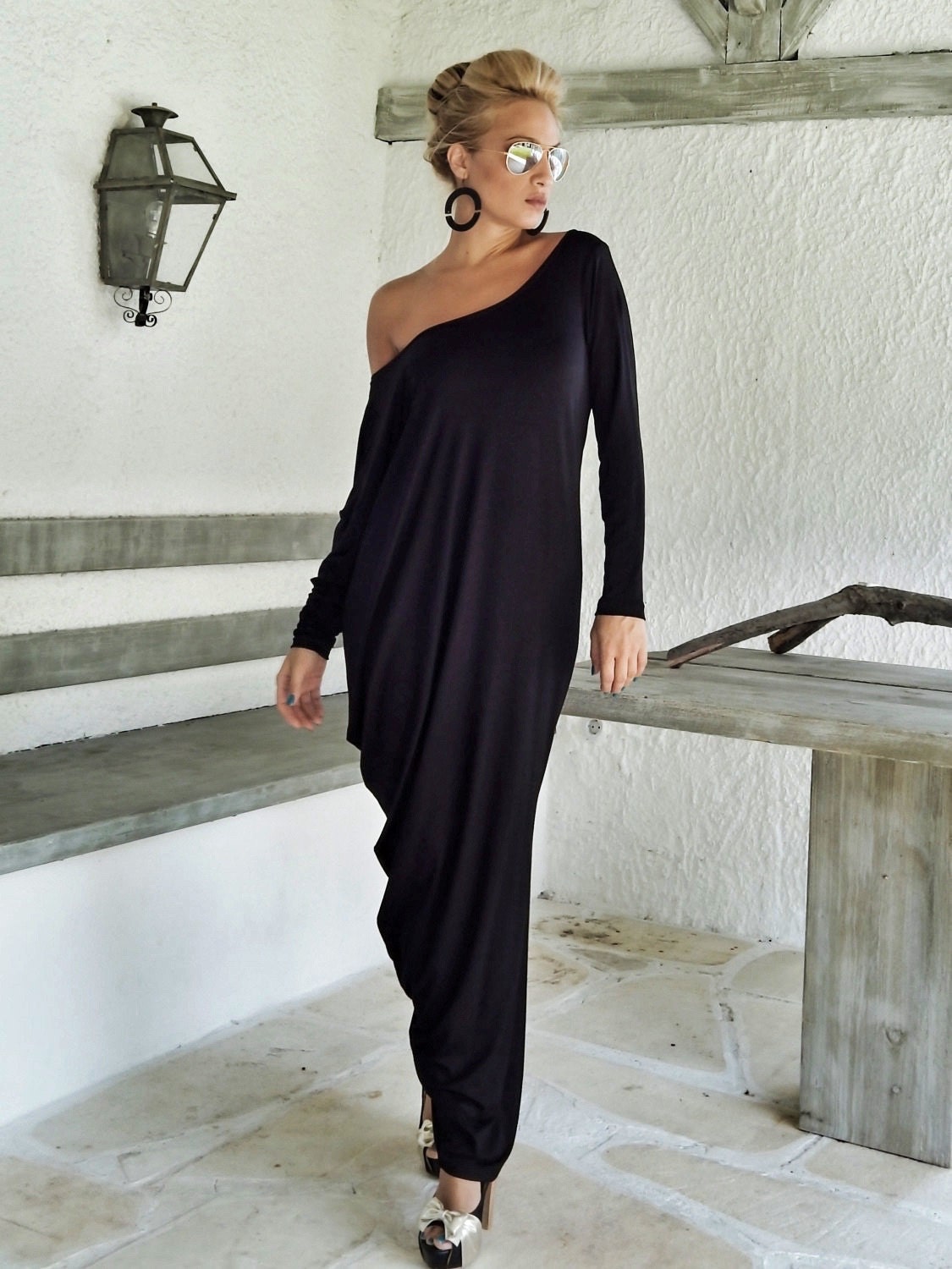 Black Maxi Long Sleeve Dress / Black Kaftan / Asymmetric Plus | Etsy