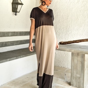 Gray + Beige Maxi Dress / Gray + Beige Kaftan / Plus Size Dress / Oversize Loose Dress / #35072