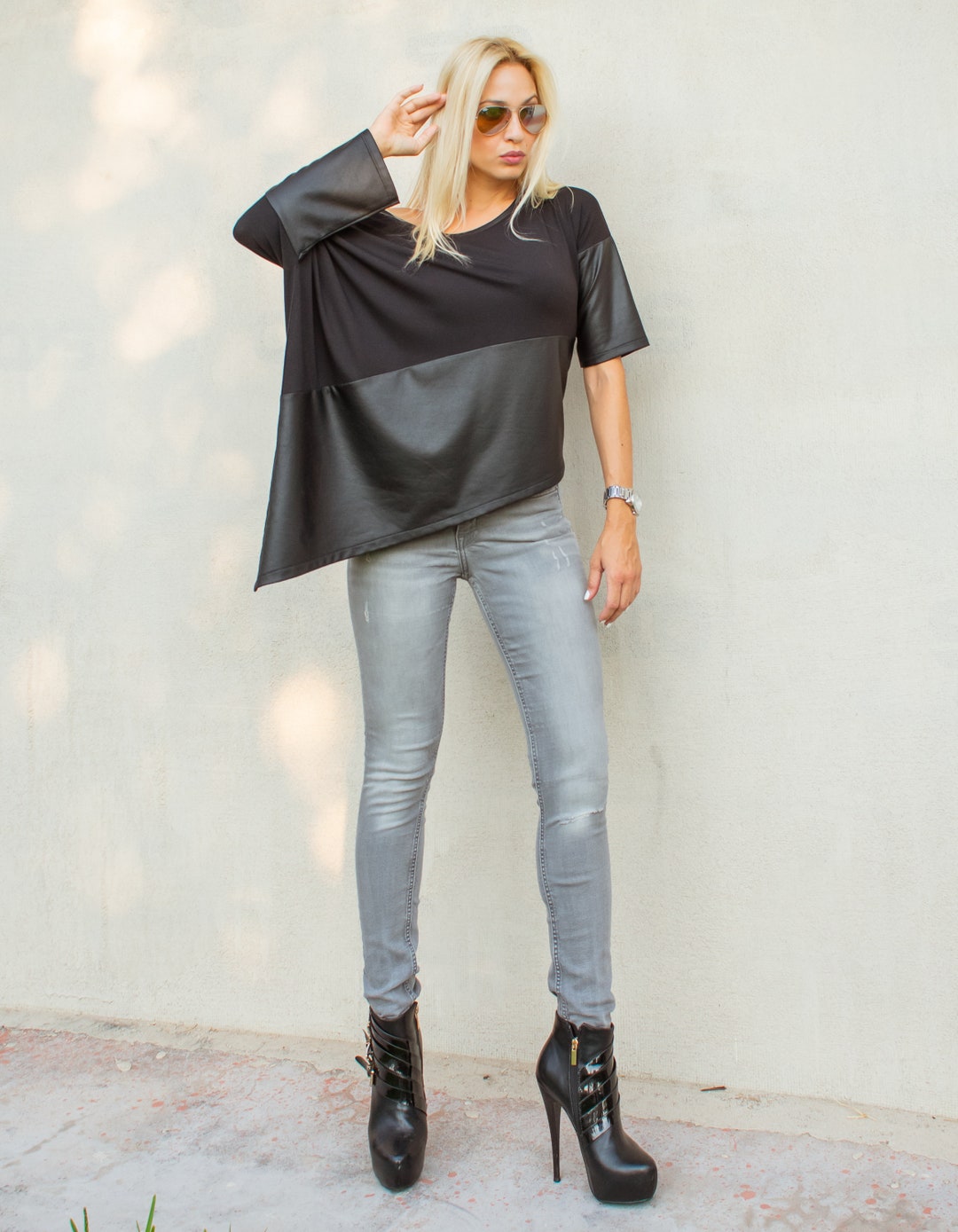 Asymmetric Top Blouse With Black Leather Details / Loose Top / - Etsy