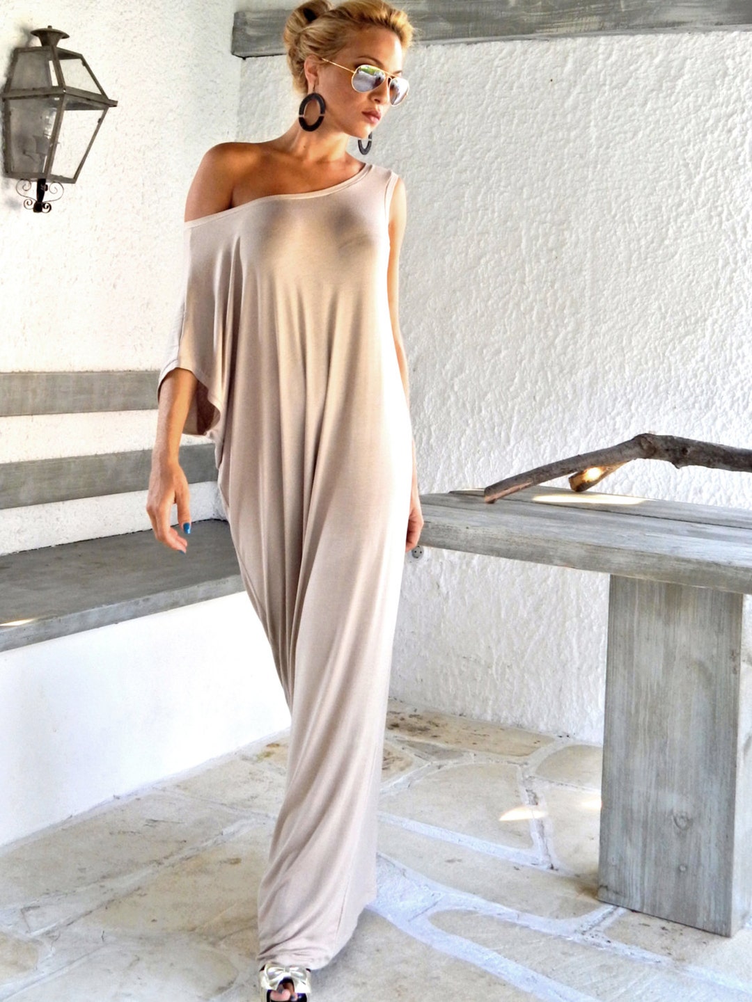 NEW Beige Maxi Dress / Long Dress / Summer Dress/ Caftan/ off Shoulder ...