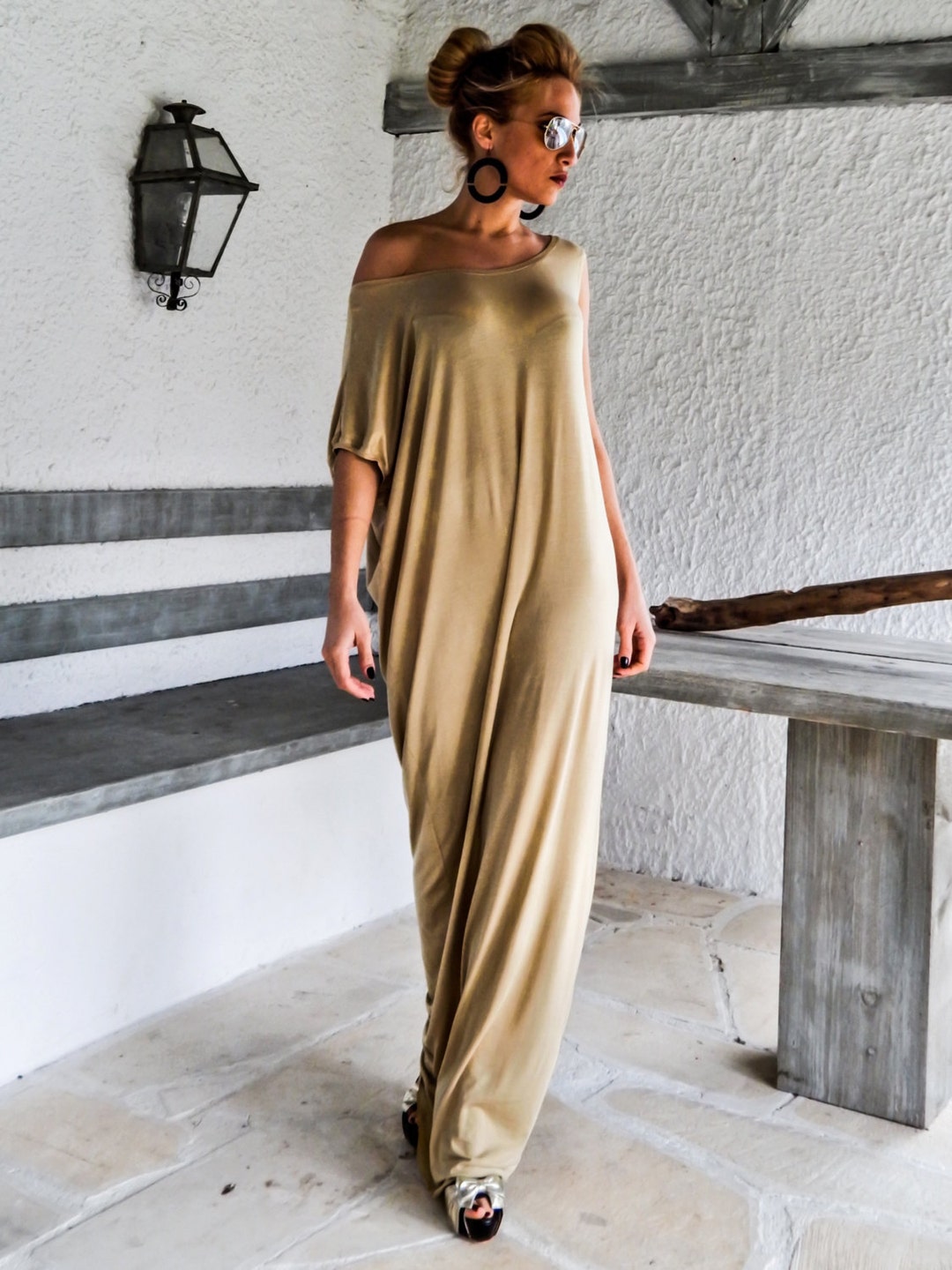 Viscose Maxi Dress / Yellow Beige Kaftan / Asymmetric Plus Size Dress ...