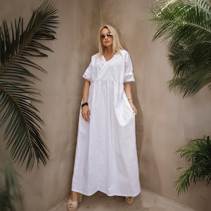 Linen V-neck Puffy Sleeves Dress, Loose Linen Dress, Simple Linen Dress, Everyday Linen Dress, Beach Linen Dress, Summer Linen Dress #35410
