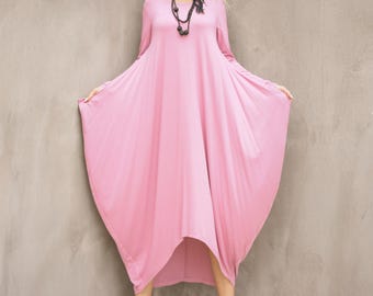 Handmade Cotton Viscose Maxi Dress, Asymmetric Long Sleeve Pink Dress, Plus Size