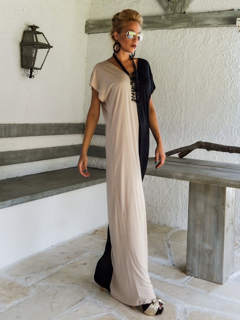 Black & Beige Colorblock Maxi Dress / Black Kaftan / | Etsy