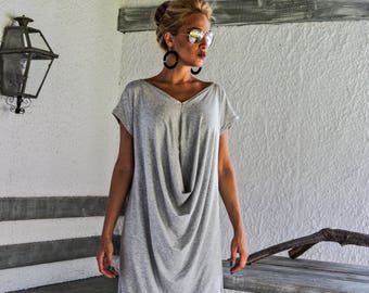 Light Gray Viscose Maxi Dress, Asymmetric Kaftan, Plus Size