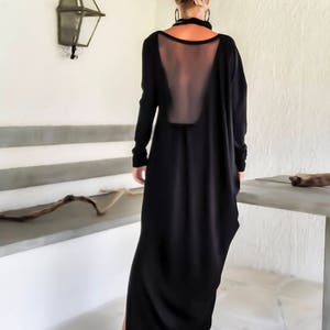 Black Maxi Dress, Open Back Viscose Gown with Slit image 4