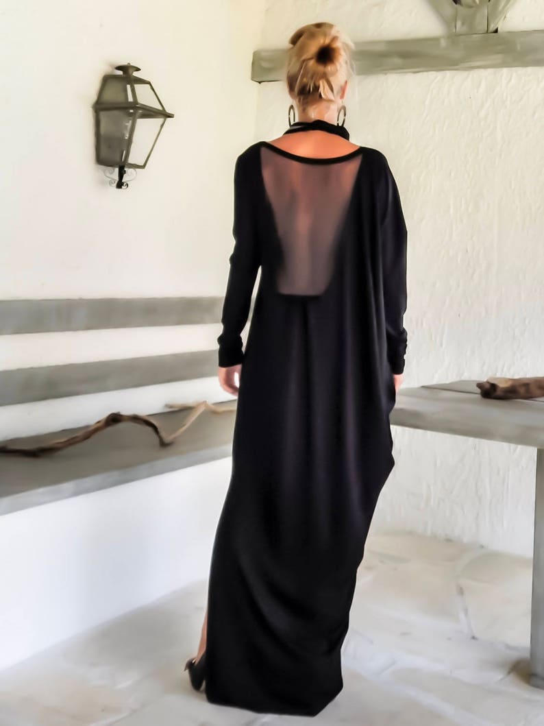 Black Maxi Dress, Open Back Viscose Gown with Slit image 4