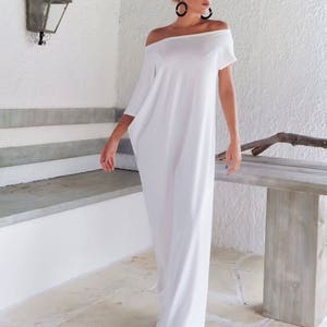 White Maxi Kaftan Dress, Minimal Summer Loose Boho Dress, Plus Size Caftan image 9