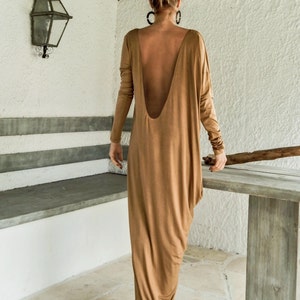 Camel Open Back Maxi Dress / Cut Out Maxi Dress / Open Back Dress / Asymmetric Maxi Dress / Backless Maxi Dress / Caftan / Kaftan #35078