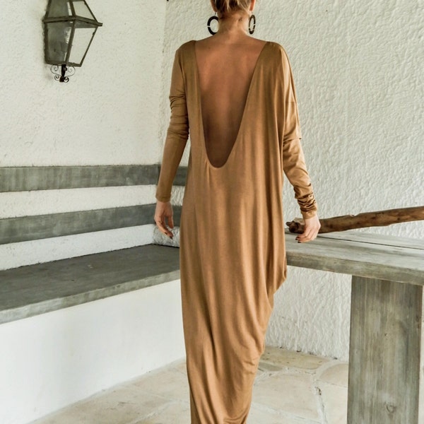 Robe longue dos nu camel / Robe longue découpée / Robe dos nu / Robe longue asymétrique / Robe longue dos nu / Caftan / Caftan # 35078