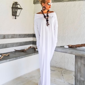 White Maxi Long Sleeve Turtleneck Dress with pockets / White Kaftan / Asymmetric Plus Size Dress / Oversize Loose Dress / #35217