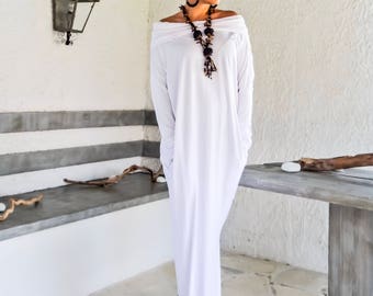 White Maxi Long Sleeve Turtleneck Dress with pockets / White Kaftan / Asymmetric Plus Size Dress / Oversize Loose Dress / #35217