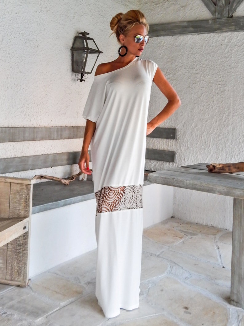 Ivory Maxi Dress Kaftan With Lace Mesh Details / Asymmetric - Etsy