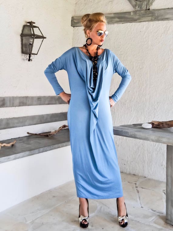 Sky Blue Viscose Maxi Dress, Plus Size Kaftan, Loose Fit Sky Blue Viscose Maxi Dress, Plus Size Kaftan, Loose Fit