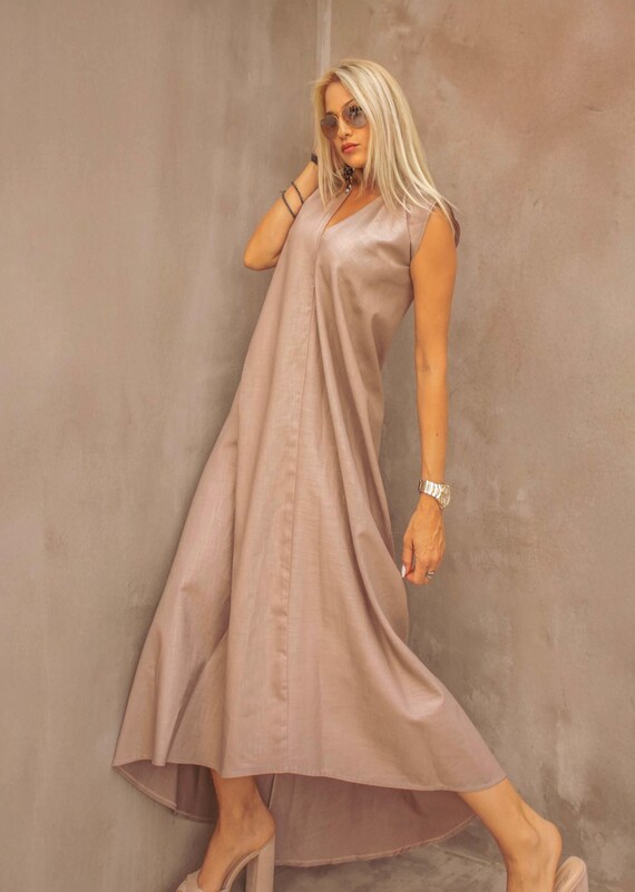 Loose Linen Maxi Dress, Open Back, Taupe Beach Summer Dress #35412