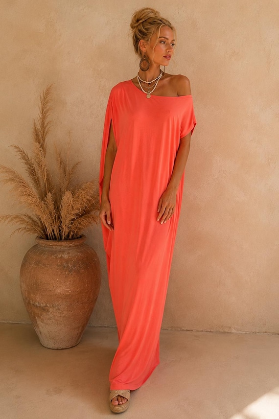 Coral Maxi Kaftan Dress for Women, Luxury Viscose Jersey Boho Resort Dress, Loose Fit Summer Caftan, Plus Size Beach Vacation Dress