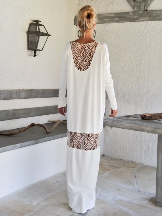 Ivory Maxi Dress with Lace Mesh, Open Back Loose Kaftan Plus Size #35110 Ivory Maxi Dress with Lace Mesh, Open Back Loose Kaftan Plus Size #35110