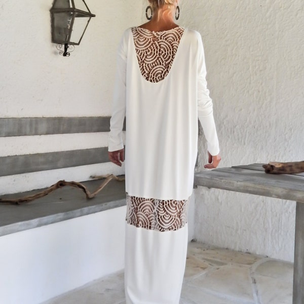 Ivory Maxi Dress Kaftan with Lace Mesh Details / Asymmetric Open Back Dress / Oversize Loose Dress / #35110