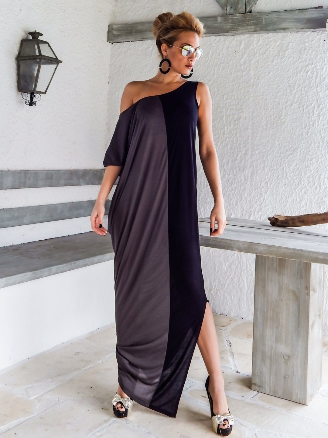 Black & Gray Maxi Dress / Black Gray Kaftan / Asymmetric Plus - Etsy