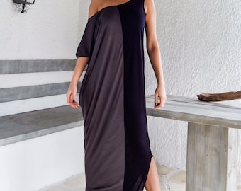 Asymmetric Black & Gray Maxi Dress, Plus Size Kaftan
