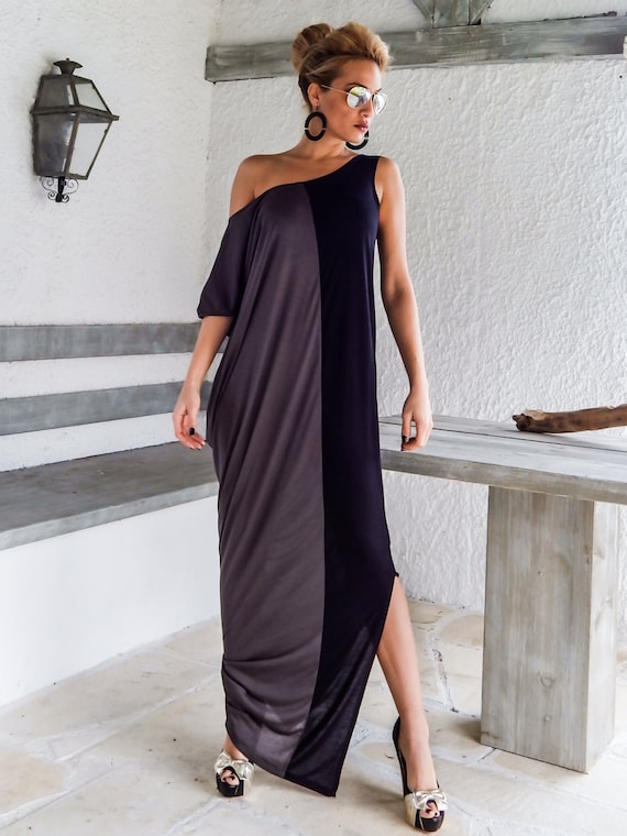 Asymmetric Black & Gray Maxi Dress, Plus Size Kaftan