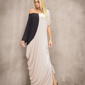 Summer Maxi Dress, Black and Beige Maxi Dress, Loose Dress, Plus Size Dress, Asymmetric Maxi Dress, Long Dress, Beach Dress, Plus Size#35386