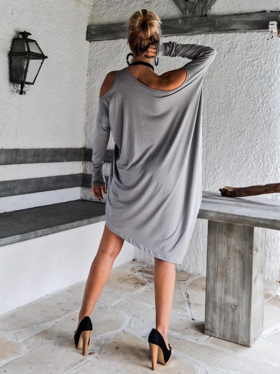 Light Gray Asymmetric Viscose Tunic Dress, Plus Size, Elegant Oversized Style Light Gray Asymmetric Viscose Tunic Dress, Plus Size, Elegant Oversized Style