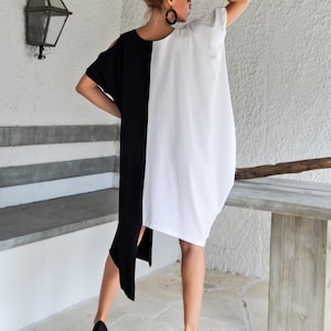 Black & White Dress Tunic / Black White Dress / Asymmetric Plus Size Dress / Black White Top / Plus Size Top / Oversize Loose Dress / #35070