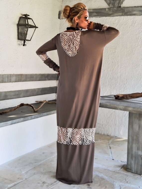 Light Brown Maxi Kaftan Dress With Lace Mesh Open Back, Loose Plus Size  #35113 - Etsy