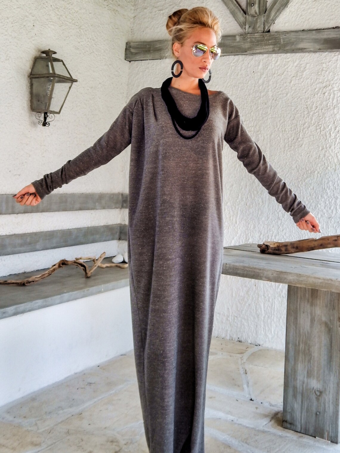 Brown Cold-Shoulder Cotton Maxi Dress