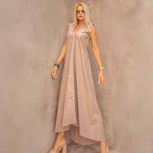 Linen Taupe Dress, Loose Linen Open Back Maxi Dress,, Linen Plus Size Dress, Beach Summer Linen Dress, Sustainable Dress #35412