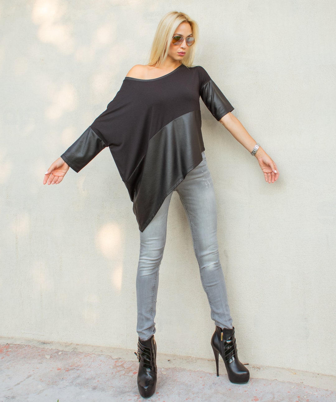 NEW Asymmetric Top Blouse With Black Leather Details / Loose Top ...