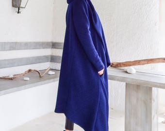 Cárdigan acolchado con capucha hecho a mano - Abrigo de tela elástica azul