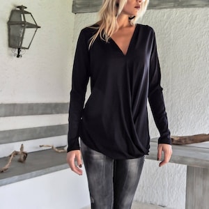 Black Asymmetric Draping Blouse / Asymmetric Draping Loose Blouse / #35118