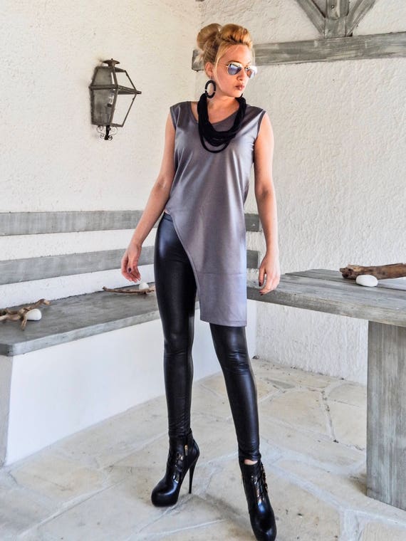Gray Faux Leather Asymmetric Top Blouse / Gray Leather Top | Etsy