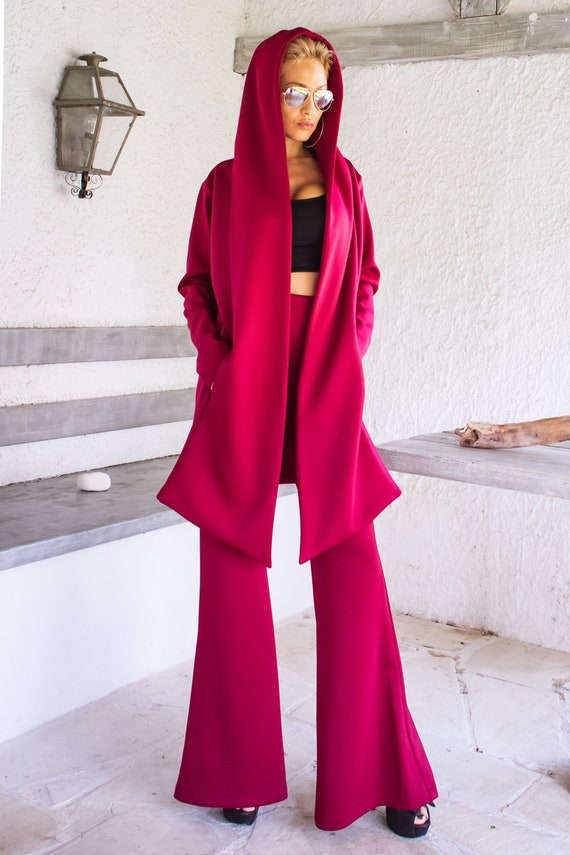 Red Neoprene Wide Leg Pants, Handmade Plus Size Trousers