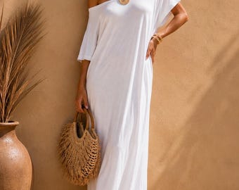 White Boho Maxi Dress, Loose Fit Summer Kaftan