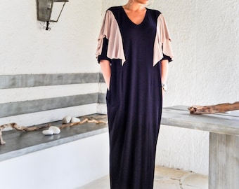 Schwarzes Rüschen Ärmel Viskose Maxi Kleid, Plus Size Kaftan