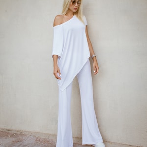 NEW Women Outfit / White Outfit / Women Set / White Pants / White Top / Plus Size Outfit / Asymmetric Top  / Loose Top  / Wide Pants #35337