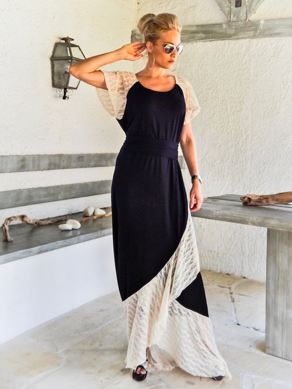 Black Viscose Maxi Dress with Lace Flounce - Plus Size Available Black Viscose Maxi Dress with Lace Flounce - Plus Size Available