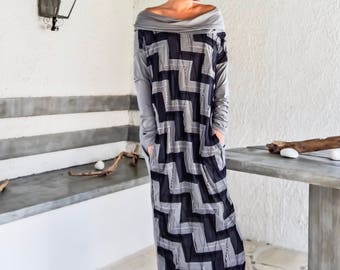 Print Maxi Dress, Long Sleeve Viscose Turtleneck Dress with Pockets