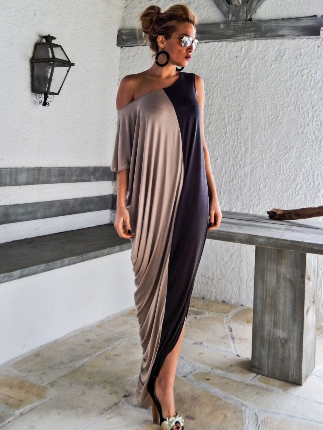 Gray & Beige Maxi Dress / Gray Beige Kaftan / Asymmetric Plus - Etsy