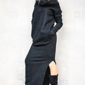 Winter Wool Boucle Turtleneck Maxi Dress / Winter Warm Long Dress / Maxi Dress with pockets / Plus Size Dress / Turtleneck Dress / 35148 Black