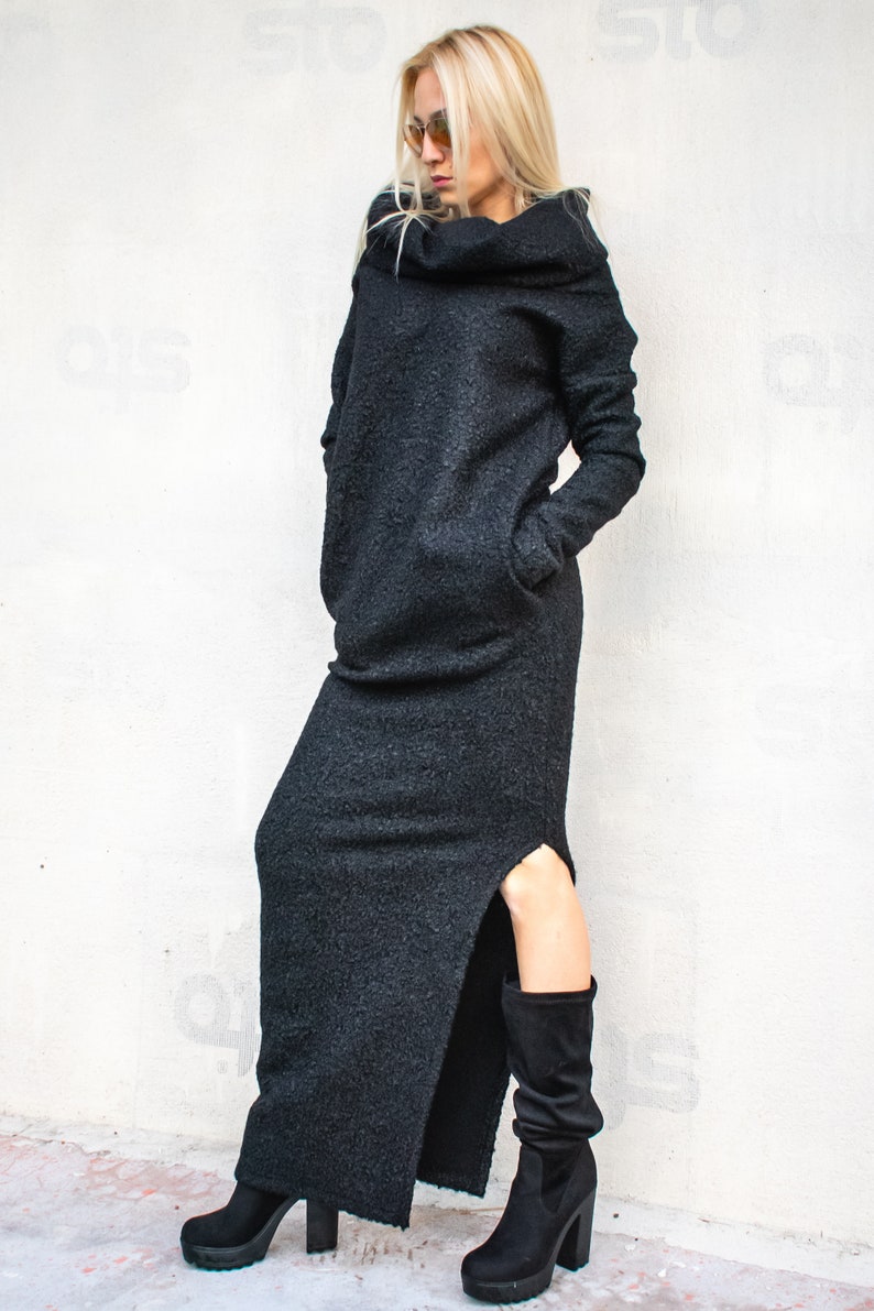 Winter Wool Boucle Turtleneck Maxi Dress / Winter Warm Long Dress / Maxi Dress with pockets / Plus Size Dress / Turtleneck Dress / 35148 Black