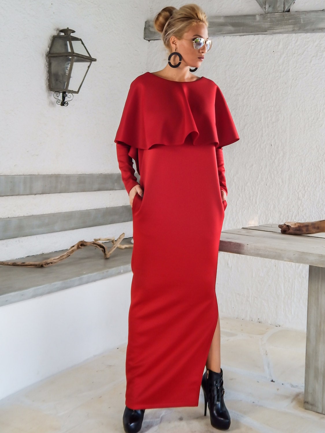 Modern Pleated Crewneck Cape Sleeve Red Maxi Dress