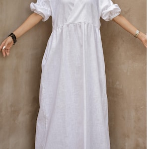 Linen V-neck Puffy Sleeves Dress, Loose Linen Dress, Simple Linen Dress, Everyday Linen Dress, Beach Linen Dress, Summer Linen Dress #35410