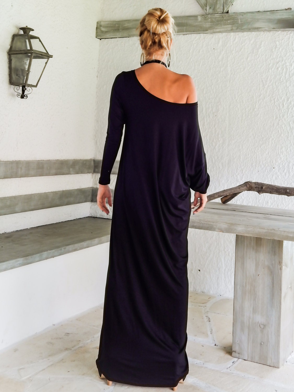 Black Maxi Long Sleeve Dress / Black Kaftan / Asymmetric Plus - Etsy Israel