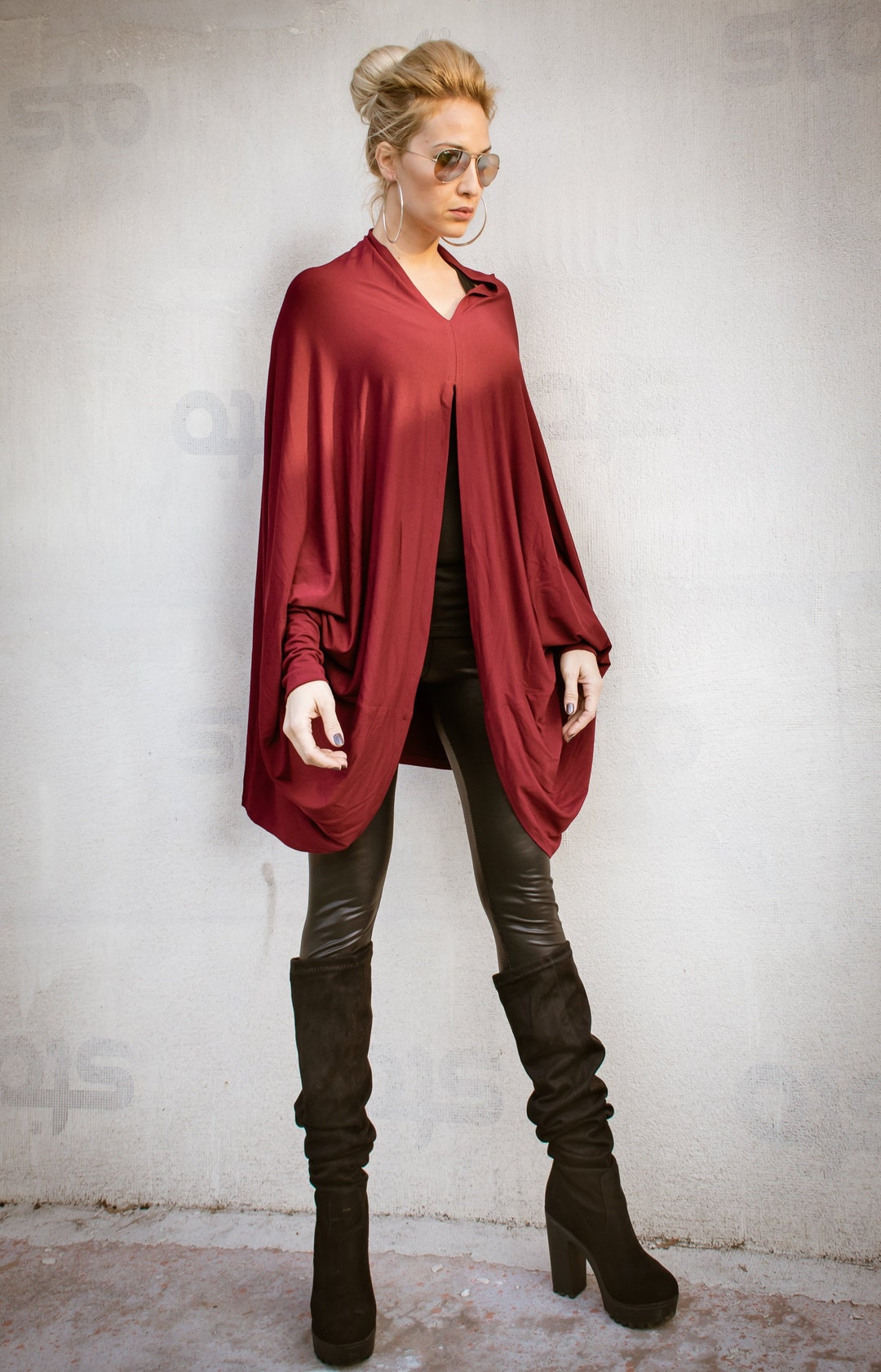 Fiery Red Plus Size Smocked Cuff Dolman Oversized Tunic Blouse