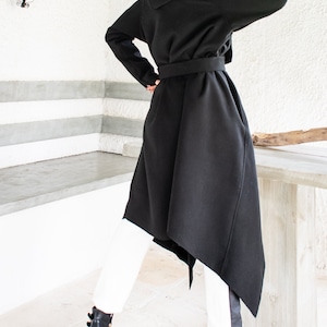 NEW Winter Coat, Black Winter Coat, Plus Size Coat, Hoodie Coat, Hooded Jacket, Winter Cardigan, Asymmetric Coat, Black Women Coat #35359