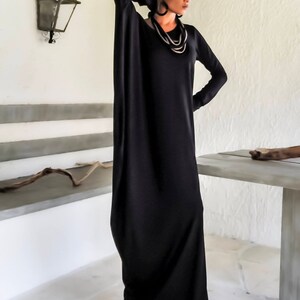 Black Maxi Dress, Open Back Viscose Gown with Slit image 3